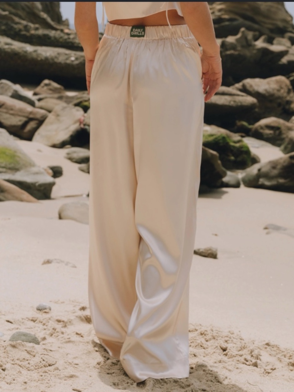 Daily Drills Pearl Ivory Silky Elastic Waist Pants